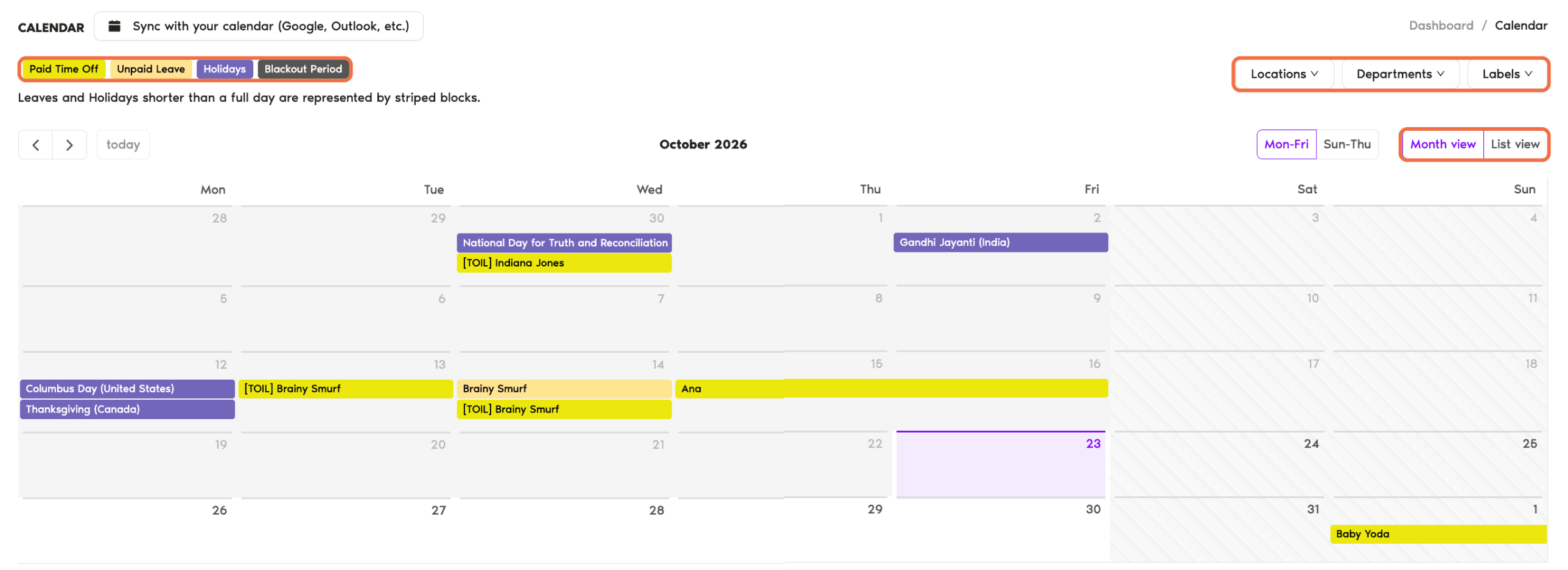Calendar month view with the leave type legend and filters