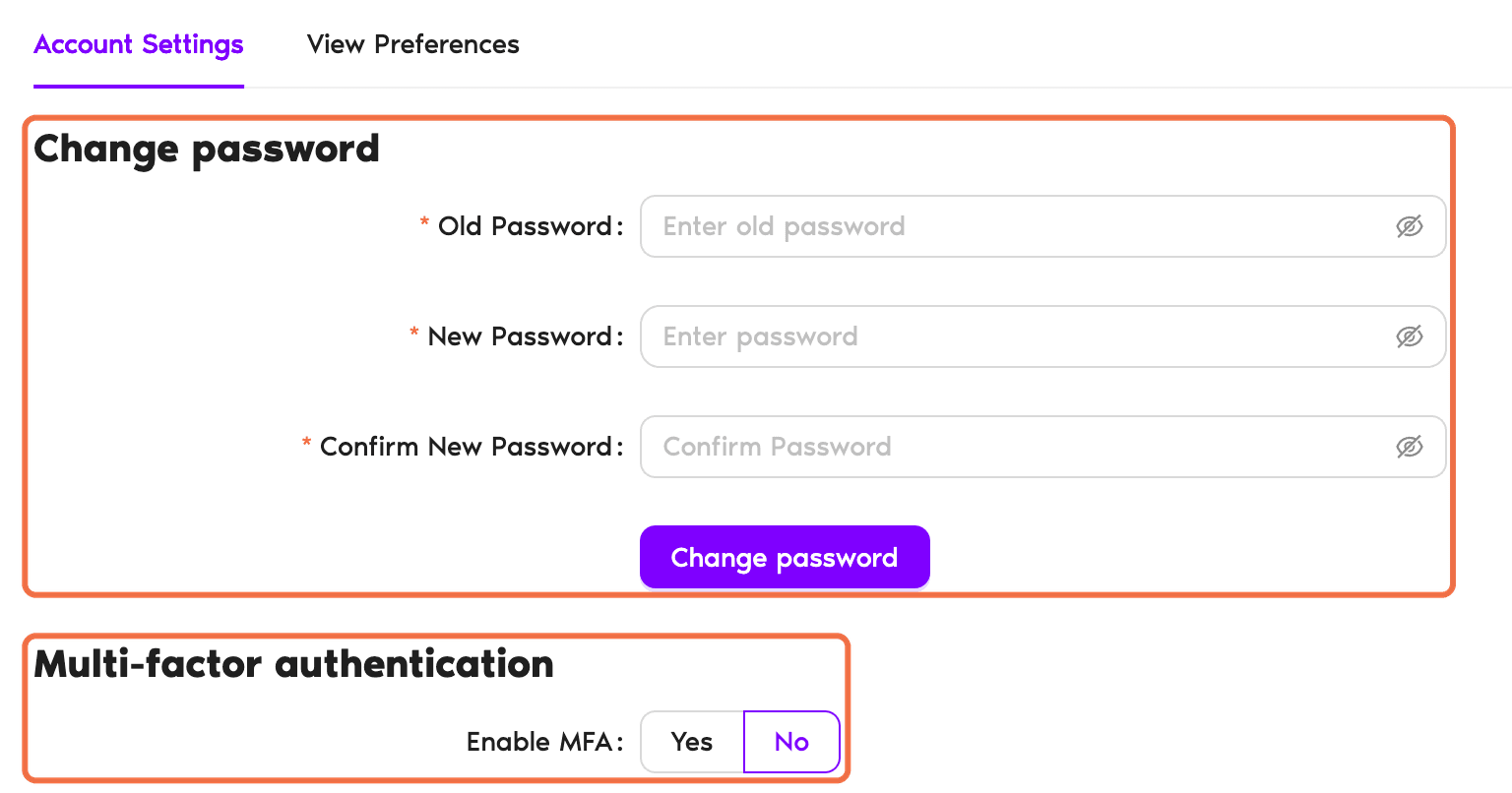 Change password and Multi-factor authentication in Account Settings