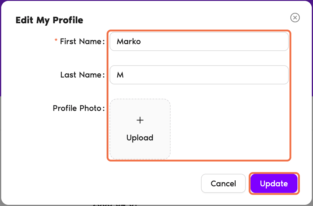 Edit My Profile box with First Name, Last Name and Profile Photo