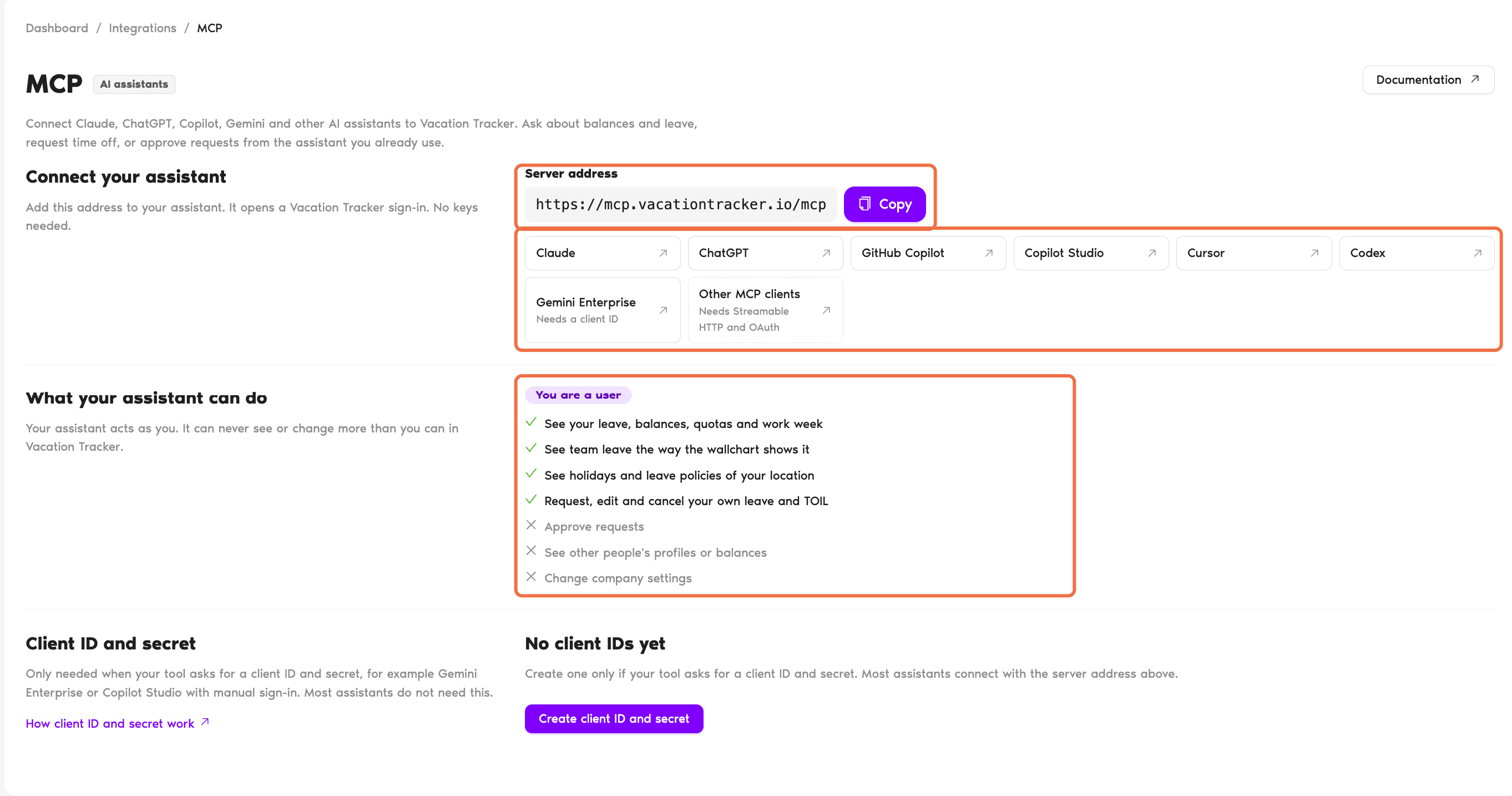 MCP page for a User with the Server address, the list of assistants and You are a user