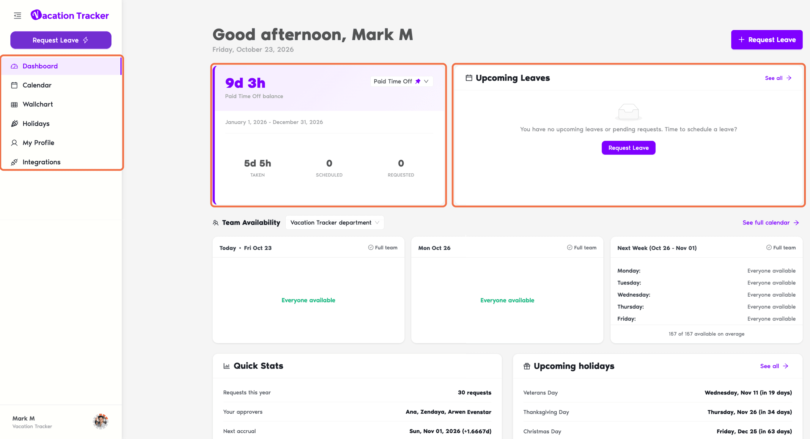 Dashboard for a User with the left-hand menu, balance card and Upcoming Leaves
