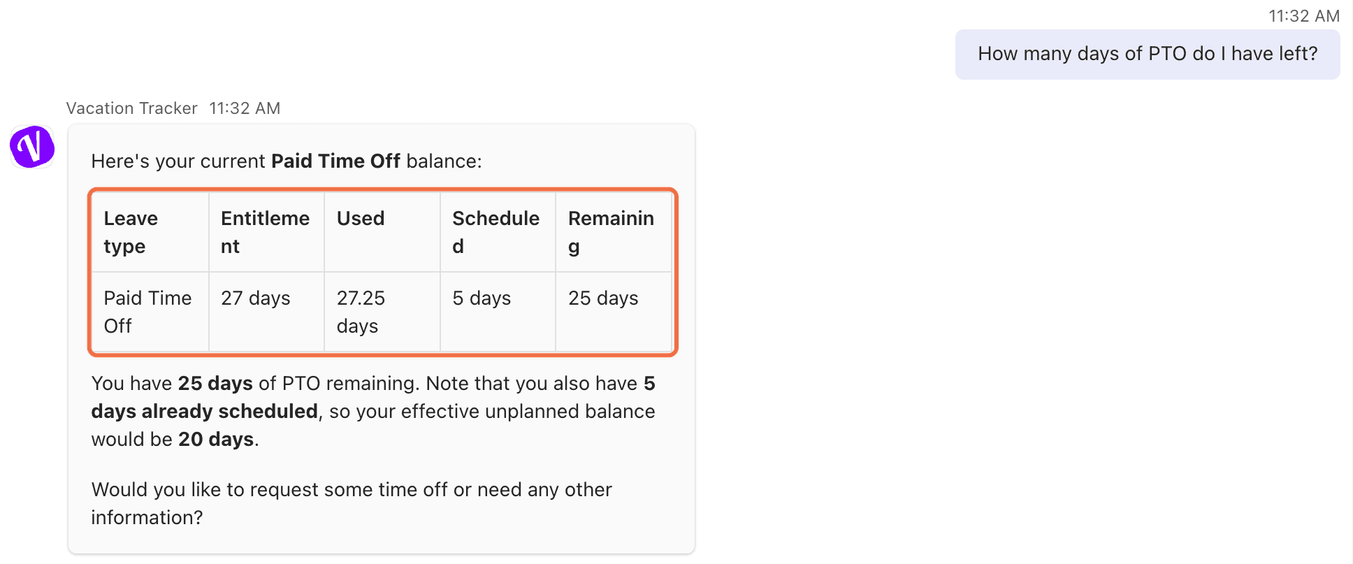 Vacation Tracker bot in Teams answering a balance question