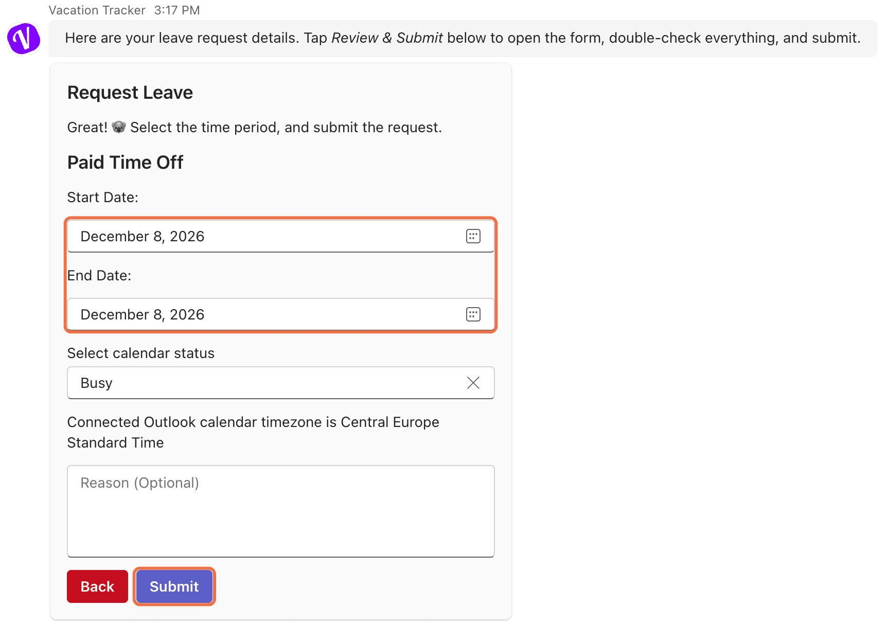 Request card in Teams with the dates filled in by the bot