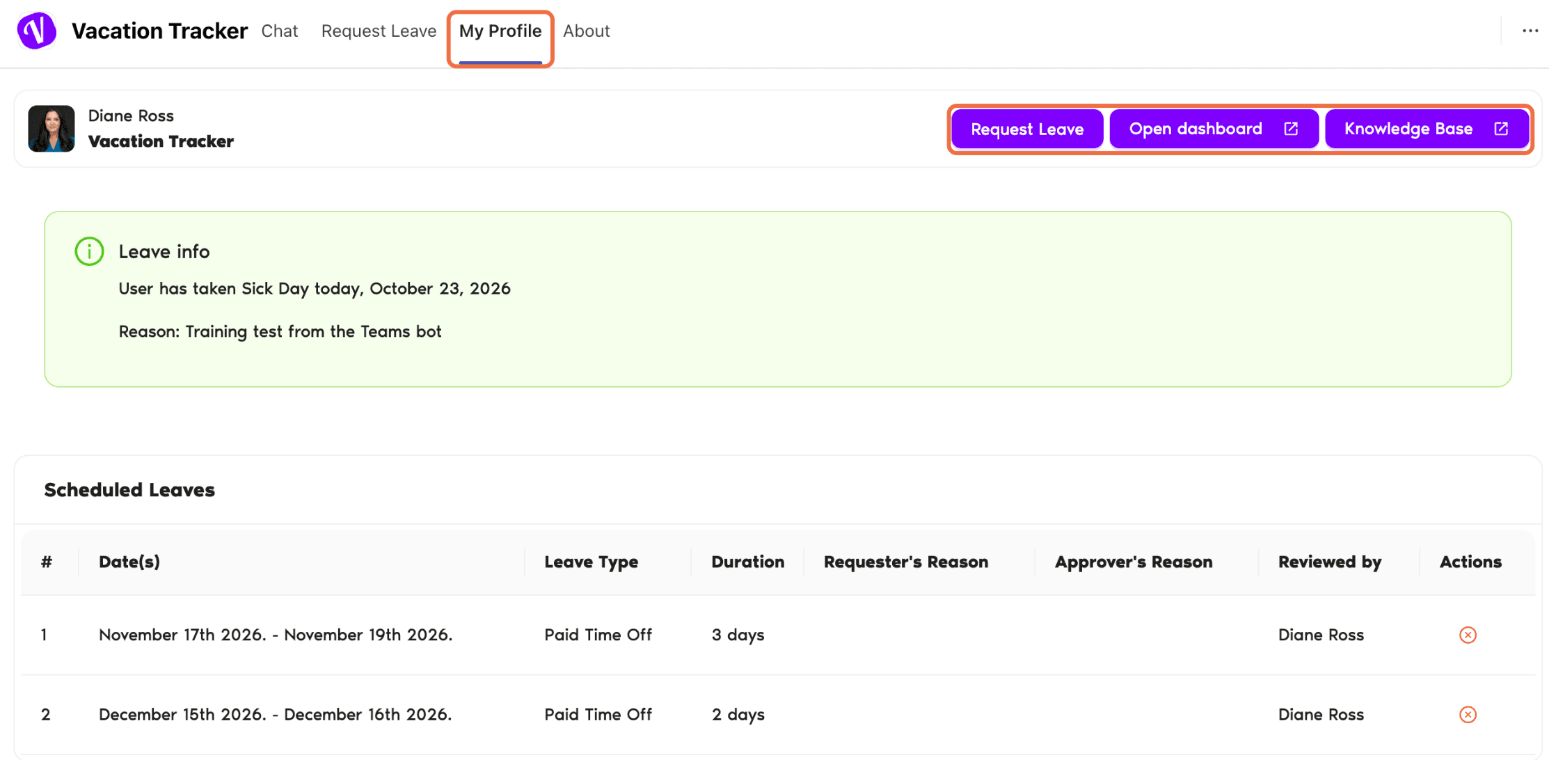 My Profile tab in the Vacation Tracker app in Teams
