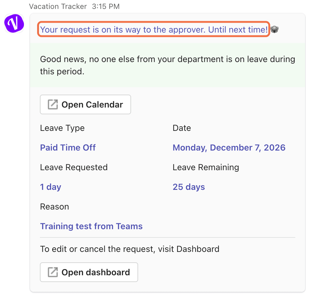 Teams card: Your request is on its way to the approver