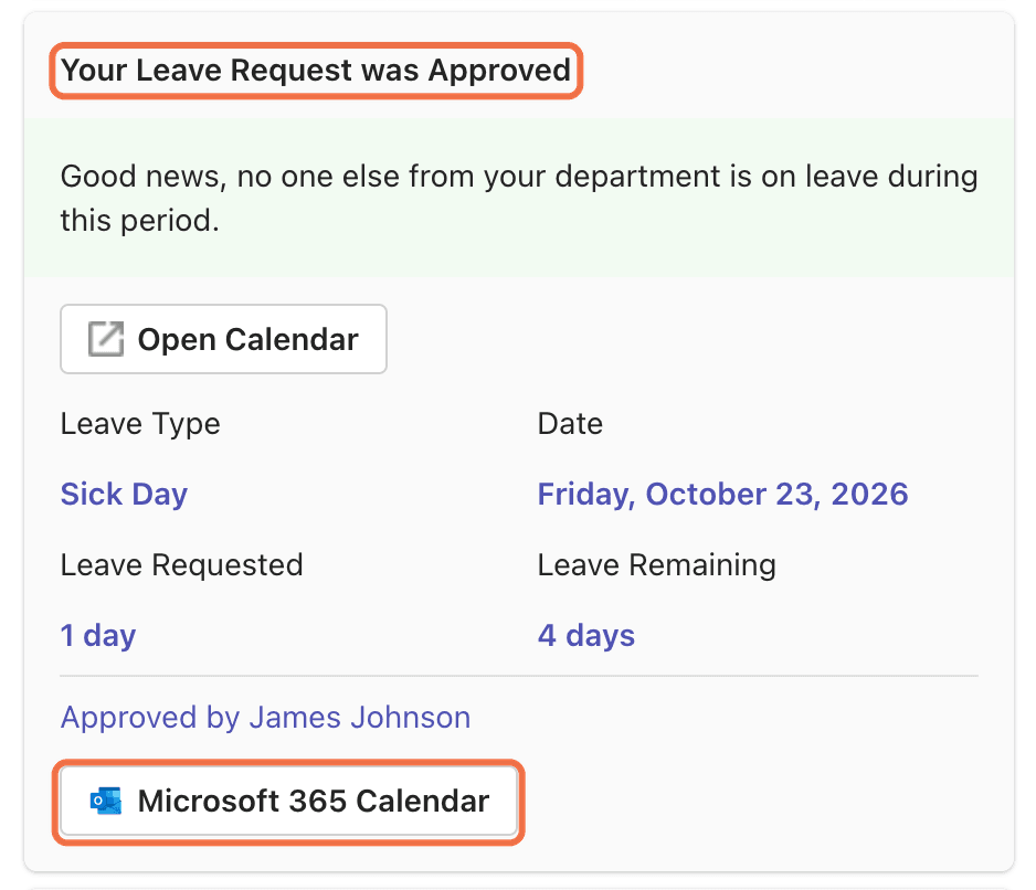 Teams card: Your Leave Request was Approved with the Microsoft 365 Calendar button