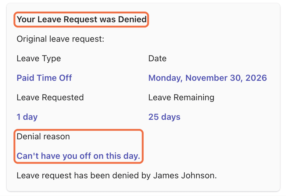 Teams card: Your Leave Request was Denied with Denial reason