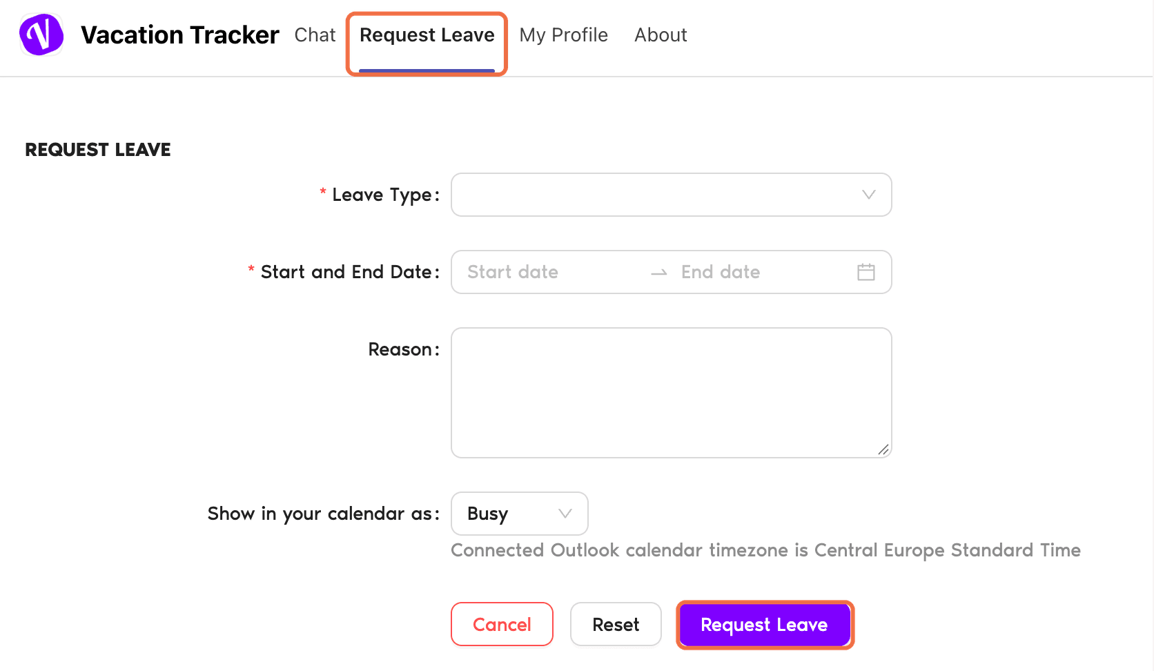 Request Leave tab in the Vacation Tracker app in Teams