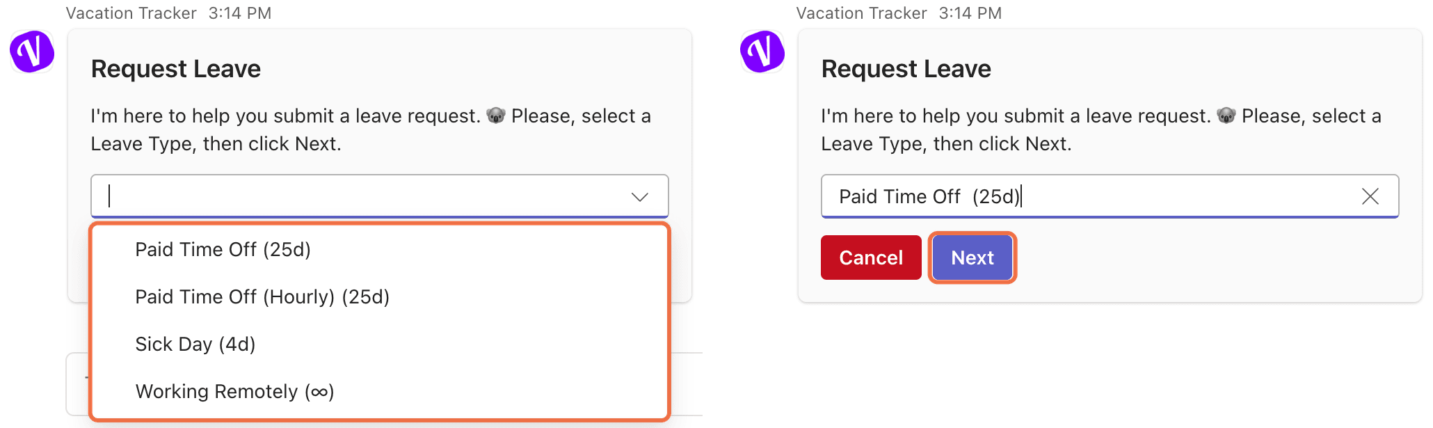 Request Leave card in the Teams chat with leave types and Next