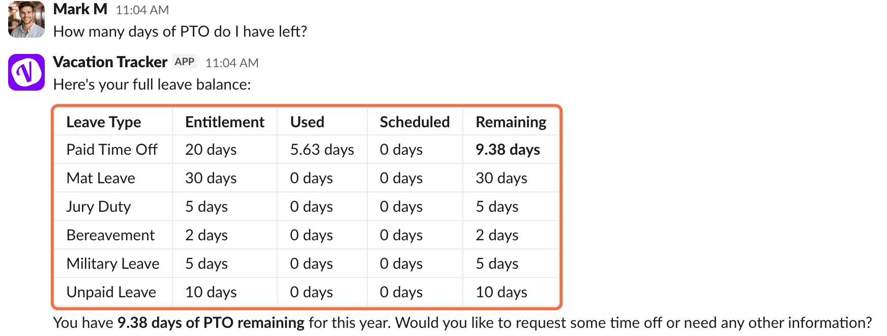 Vacation Tracker bot in Slack answering a balance question with a table