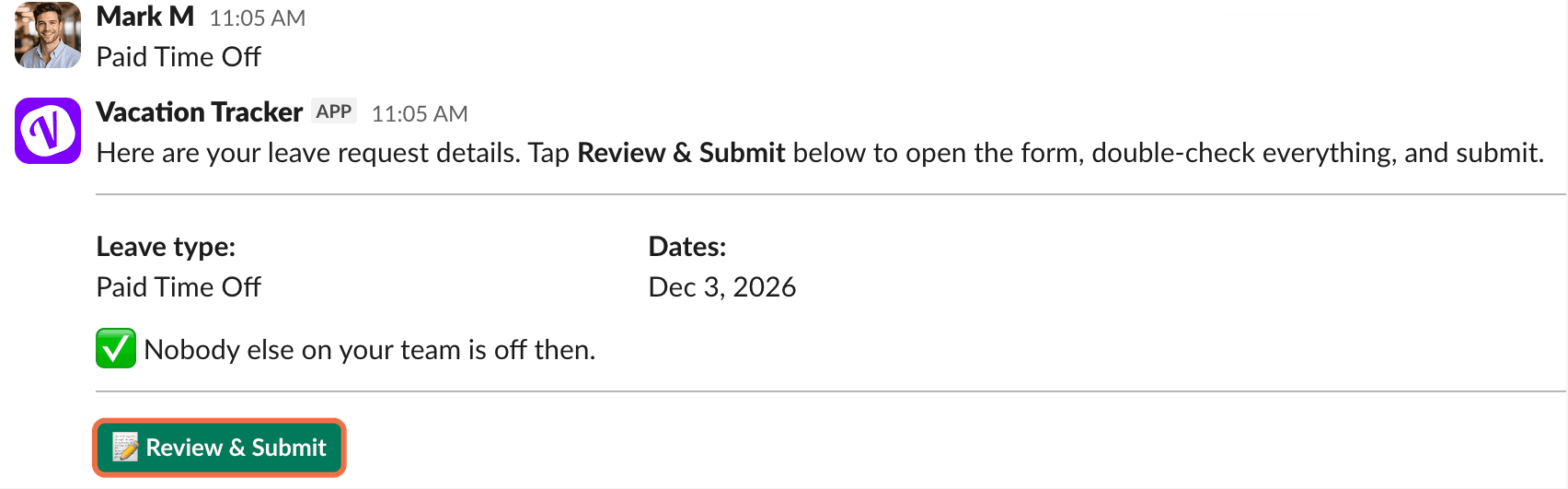 Bot reply with the request details and Review & Submit