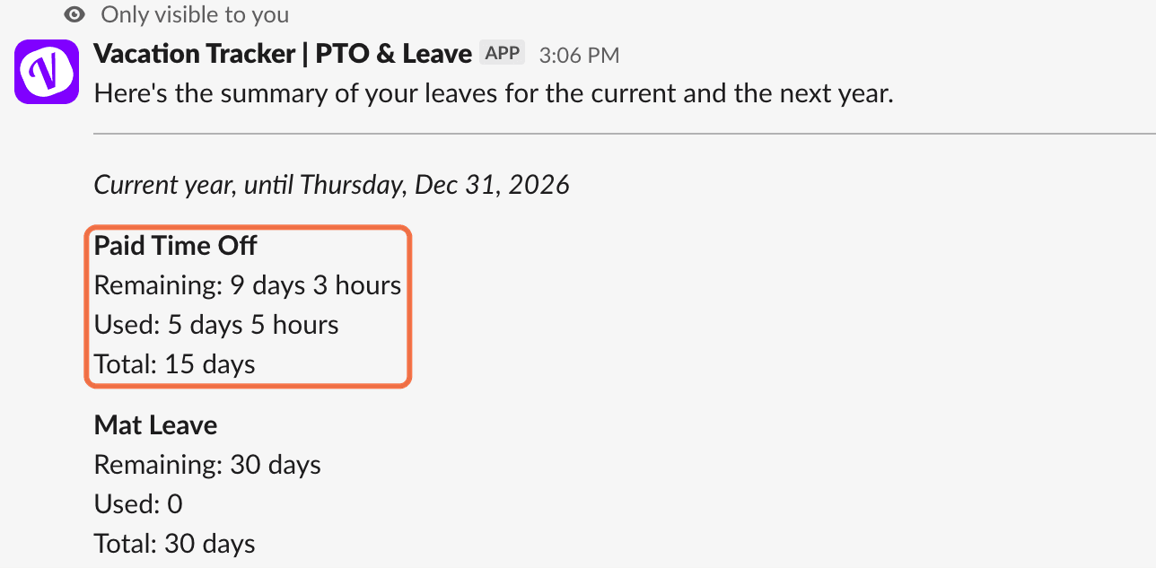 My status reply in Slack with Remaining, Used and Total per leave type