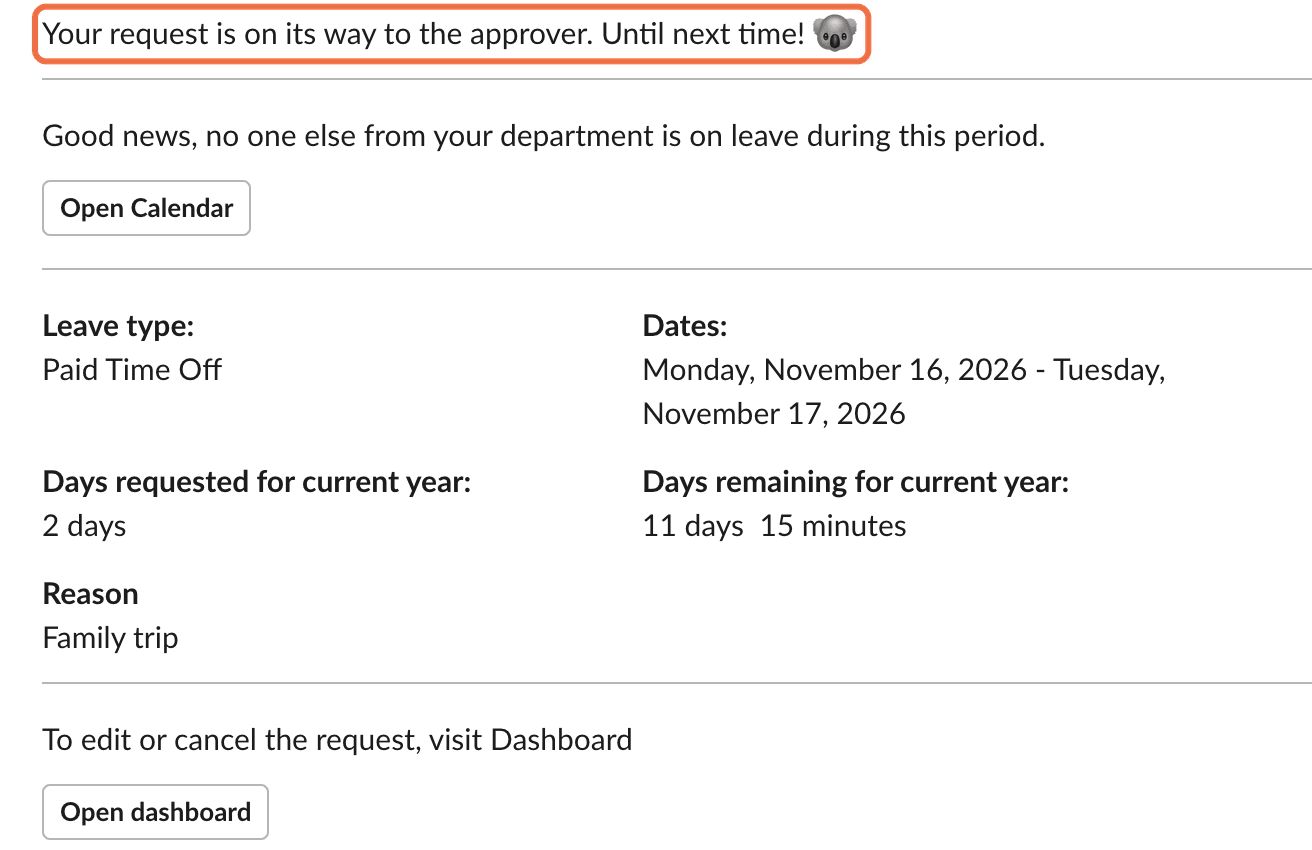 Slack message: Your request is on its way to the approver