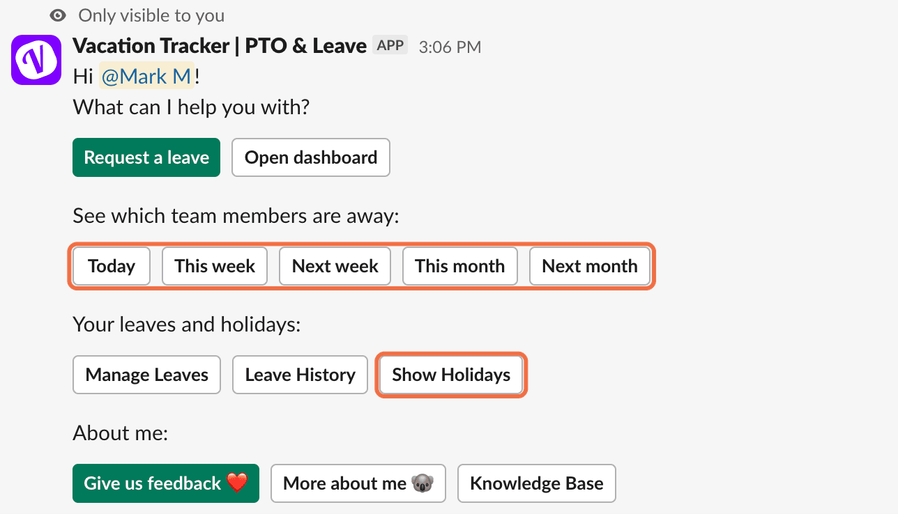 See more options in Slack with the team away buttons and Show Holidays
