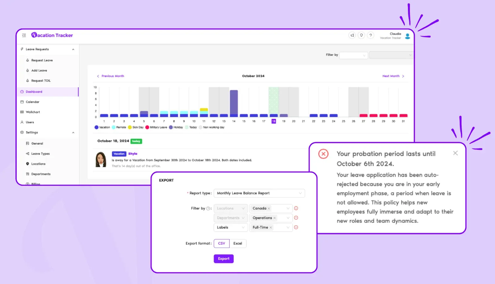 Vacation Tracker dashboard, leave report export and an automated leave-request rejection message