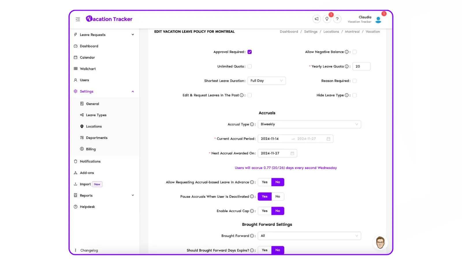 Editing the vacation leave policy for the Montreal location in Vacation Tracker, with quota, accrual and brought forward settings